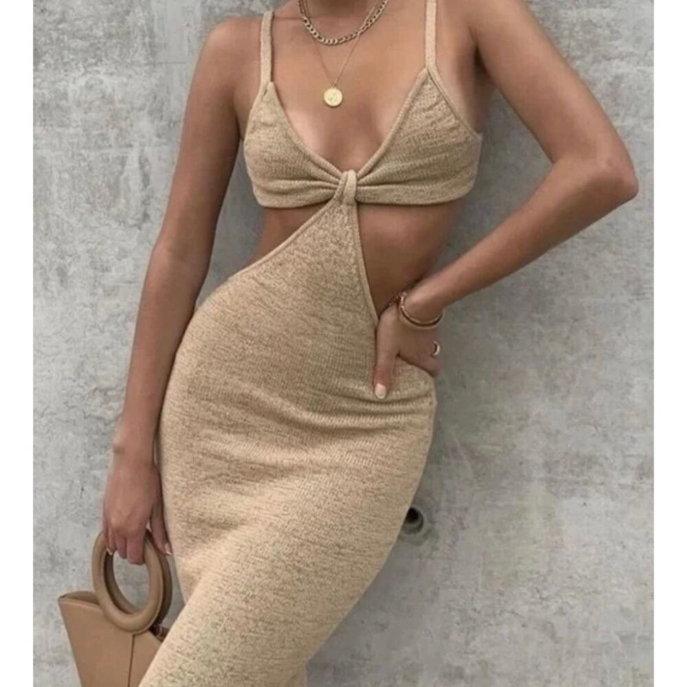 Cult Gaia Halterneck Cutout Tan Midi Length Dress Size: M - Picture 4 of 6